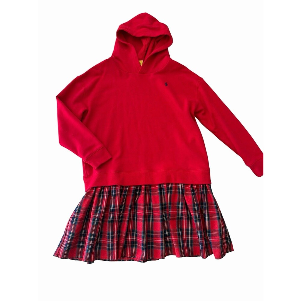 Polo Ralph Lauren Girls XL‎ 16 Red Plaid Hoodie Sweatshirt Dress Preppy Tartan - Picture 2 of 6